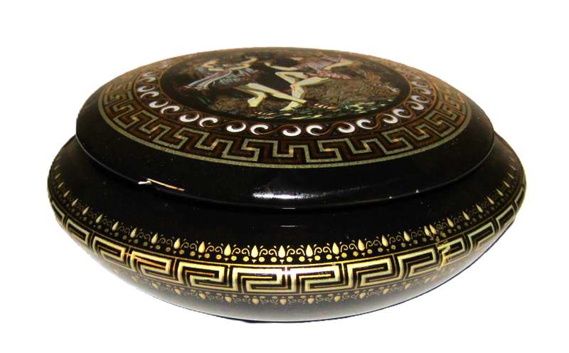 Vintage Black Glazed Porcelain Trinket Box with 24K Gold Decor  Made in Greece by Adis