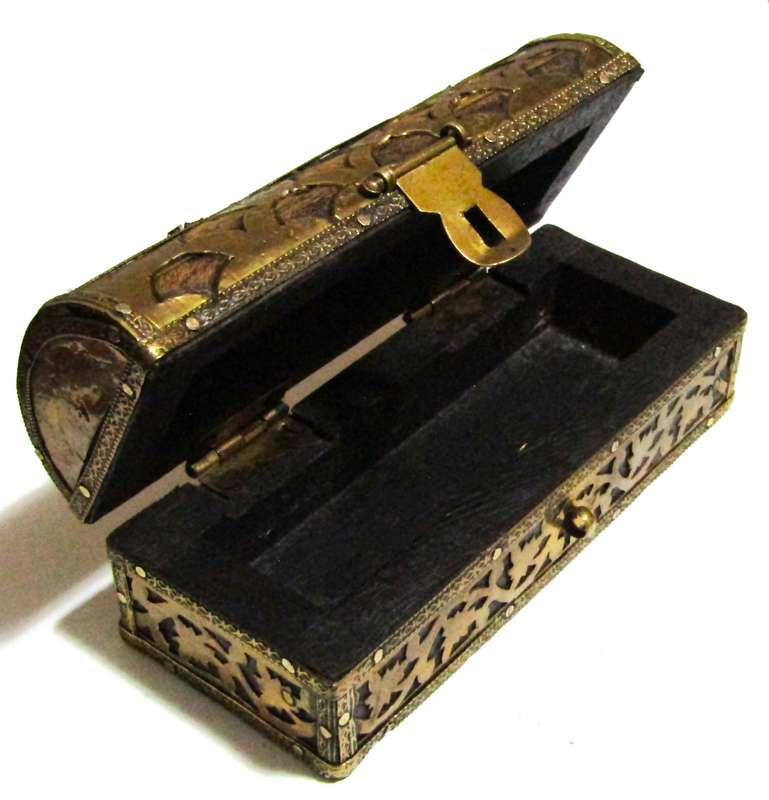Vintage Decorative Wooden Box with Brass and Copper Inlays