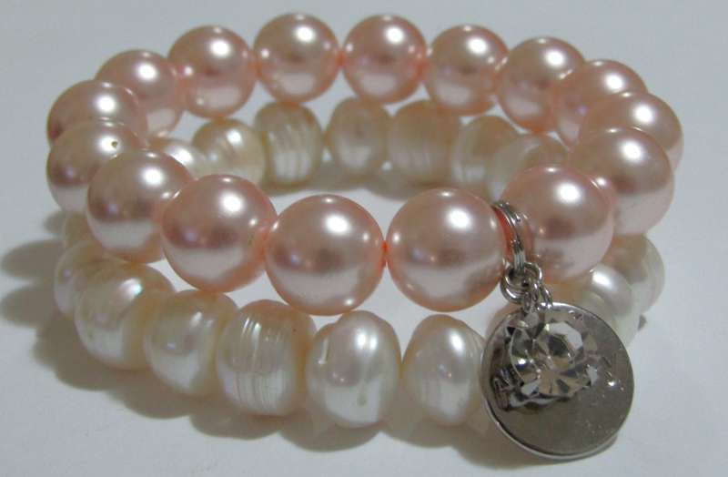 Pair of Vintage Pearl Stretch Bracelets - Natural Freshwater & Faux Pink Pearl with Crystal Charm