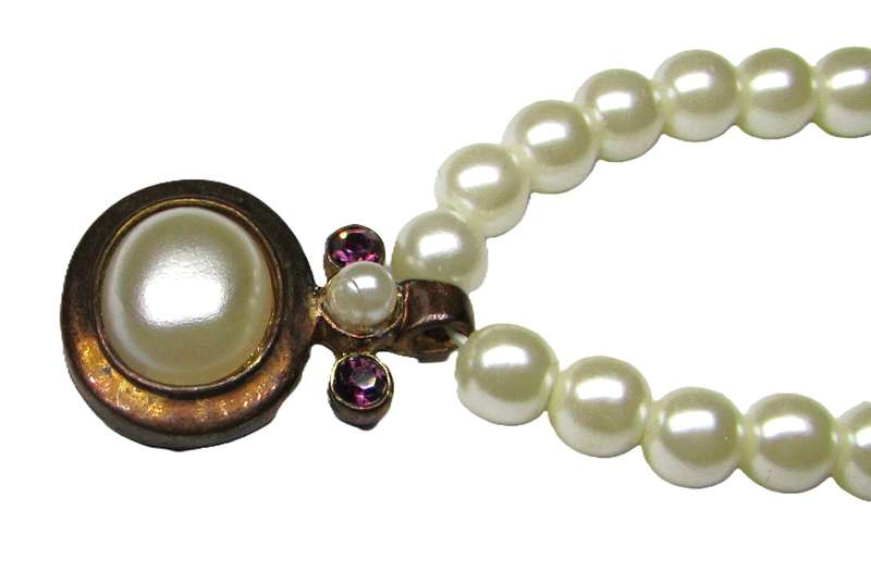 Vintage Faux Pearl Necklace with Copper Tone Pendant and Amethyst Stones