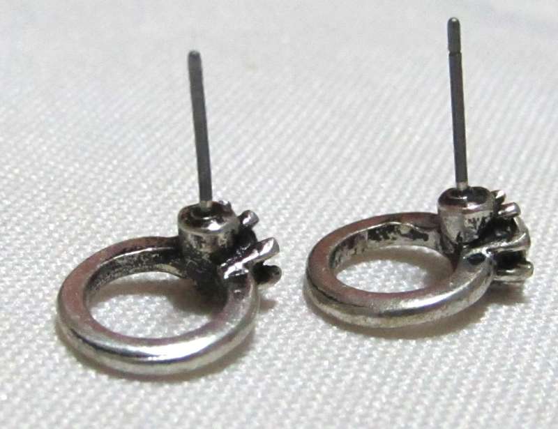 Vintage Silver-Tone Stud Earrings | Mini Solitaire Ring Design | Crystal Accent
