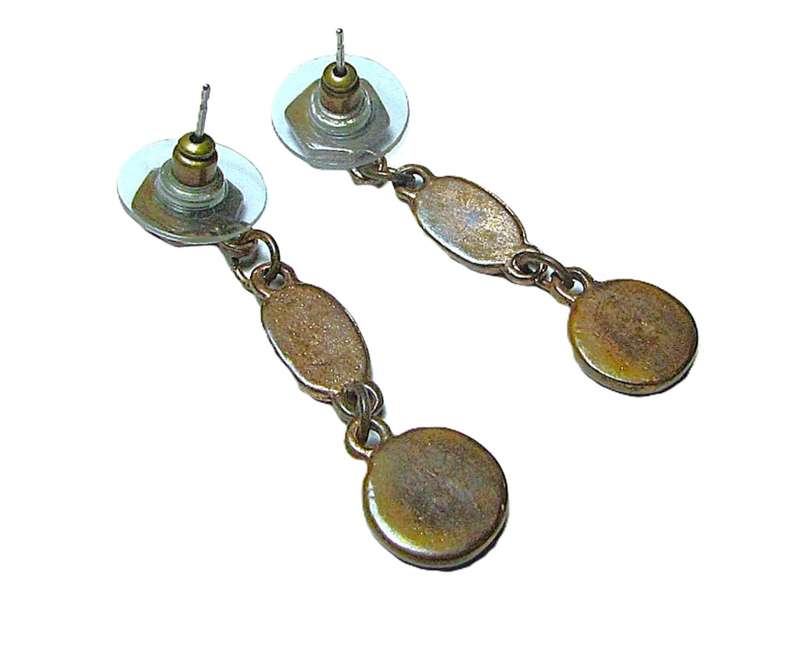 Vintage Brass, Amber and Ruby Red Enamel, and Ruby Red Crystal Necklace and Earrings Set