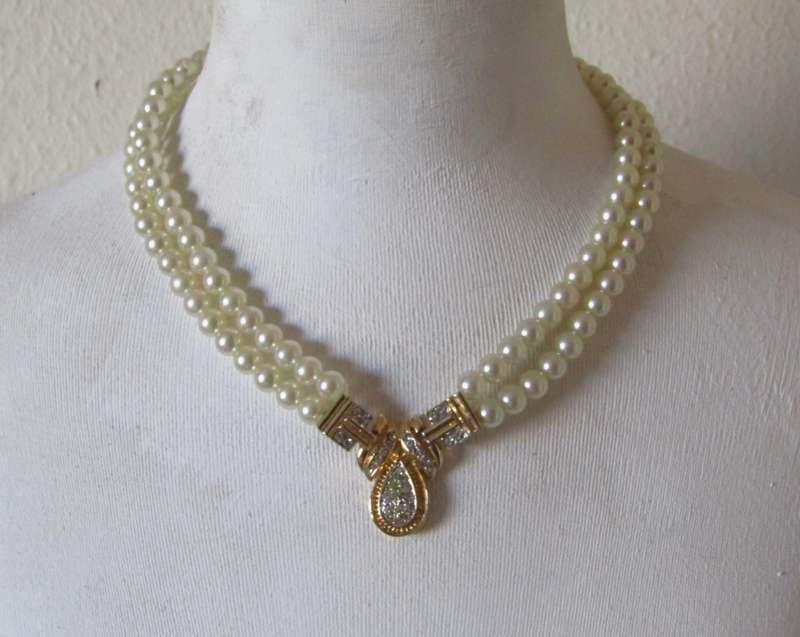 Vintage Double Strand Faux Pearl Necklace with Gold Plated and Clear Rhinestone Art Deco Pendant