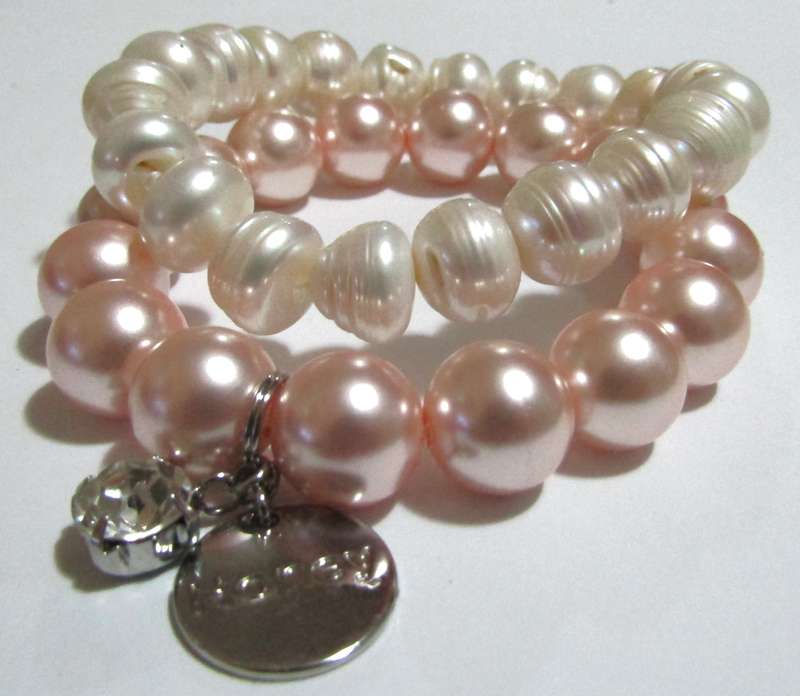 Pair of Vintage Pearl Stretch Bracelets - Natural Freshwater & Faux Pink Pearl with Crystal Charm