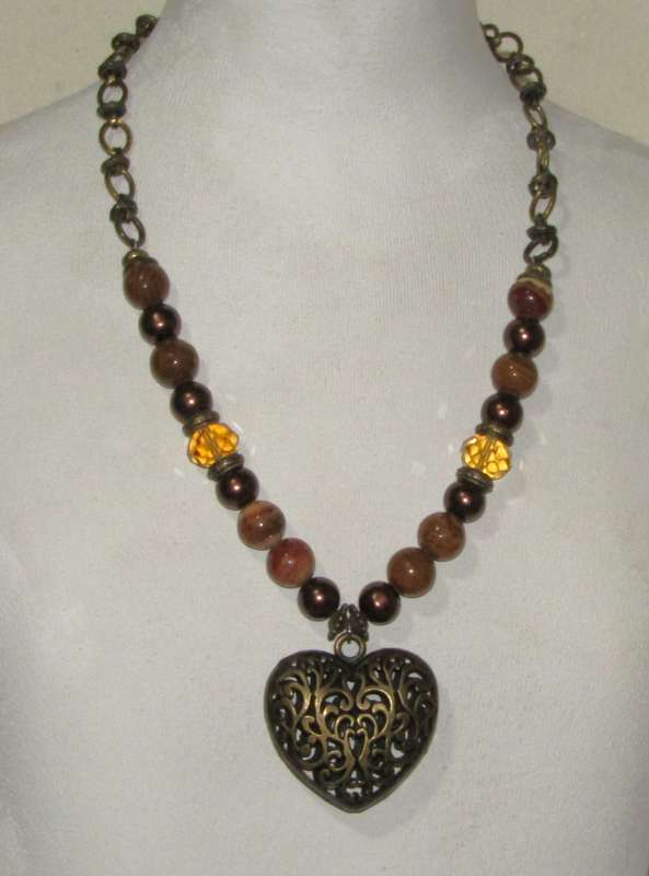 Vintage Puffy Filigree Heart Pendant Necklace with Agate, Faux Pearl, and Citrine Crystal Beads