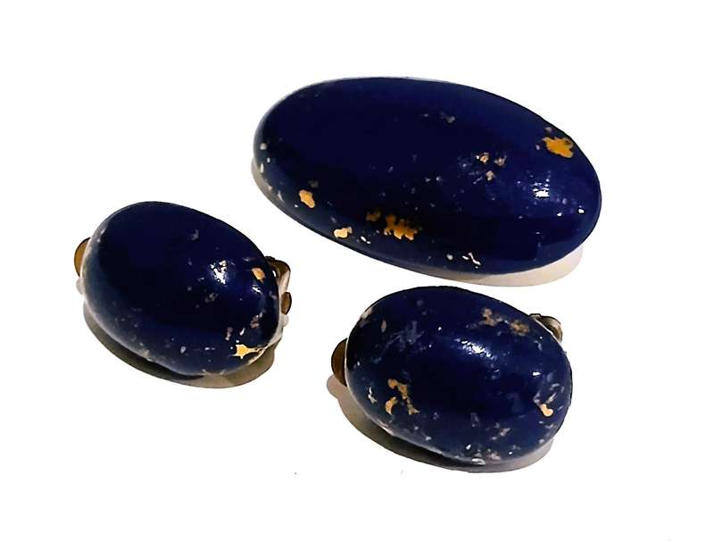 Elegant Midnight Blue Ceramic & Gold Speckle Vintage Jewellery Set