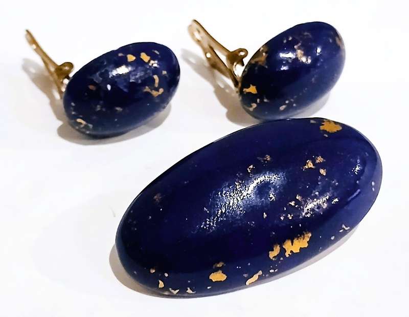 Elegant Midnight Blue Ceramic & Gold Speckle Vintage Jewellery Set