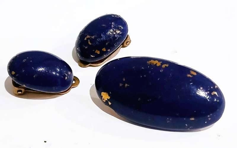 Elegant Midnight Blue Ceramic & Gold Speckle Vintage Jewellery Set