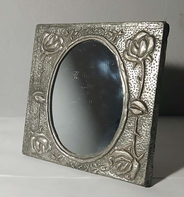 Vintage Art Nouveau Style Standing Mirror - White Metal / Alloy