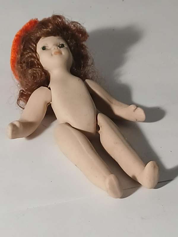 Antique Articulated Miniature Doll with Red Hair & Orange Beret