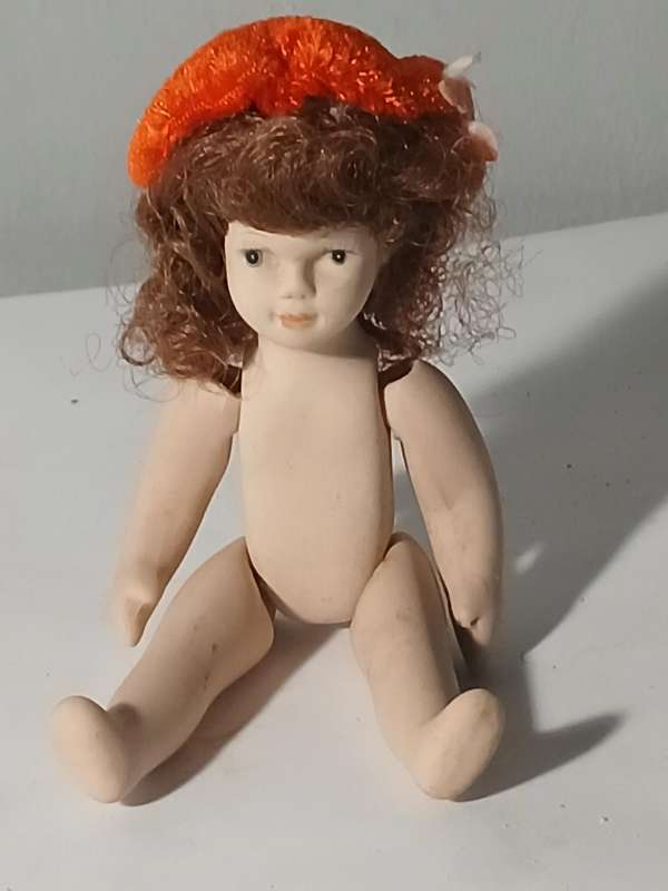 Antique Articulated Miniature Doll with Red Hair & Orange Beret