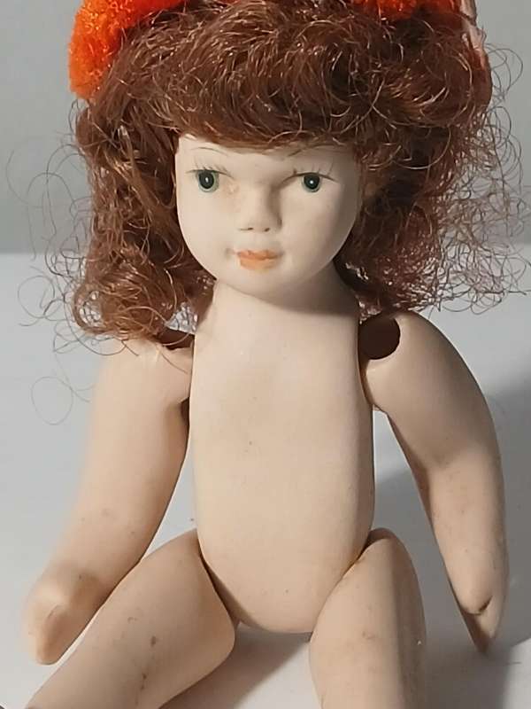 Antique Articulated Miniature Doll with Red Hair & Orange Beret