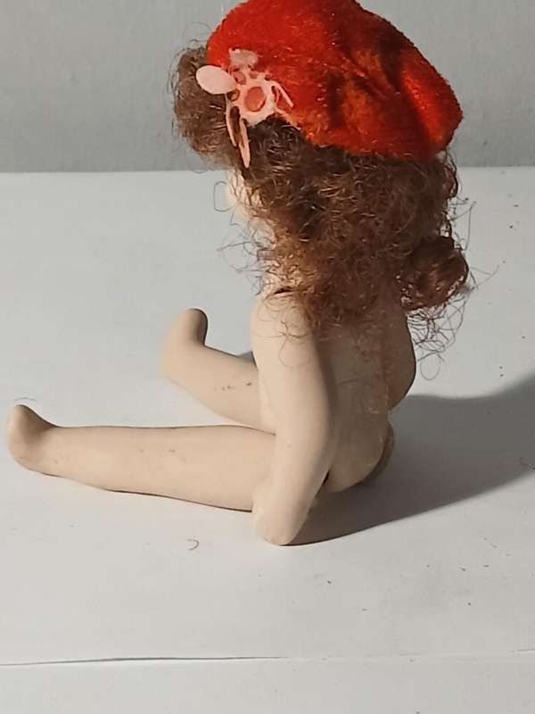 Antique Articulated Miniature Doll with Red Hair & Orange Beret