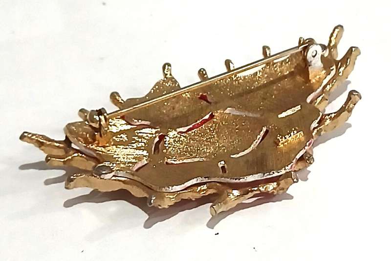 Vintage Gold Tone and Enamel Coral Brooch Pin by Coro