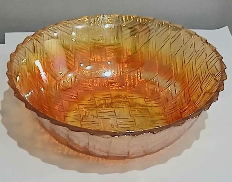 Vibrant Vintage Marigold Carnival Glass Serving Bowl - Classic Basket Weave Pattern