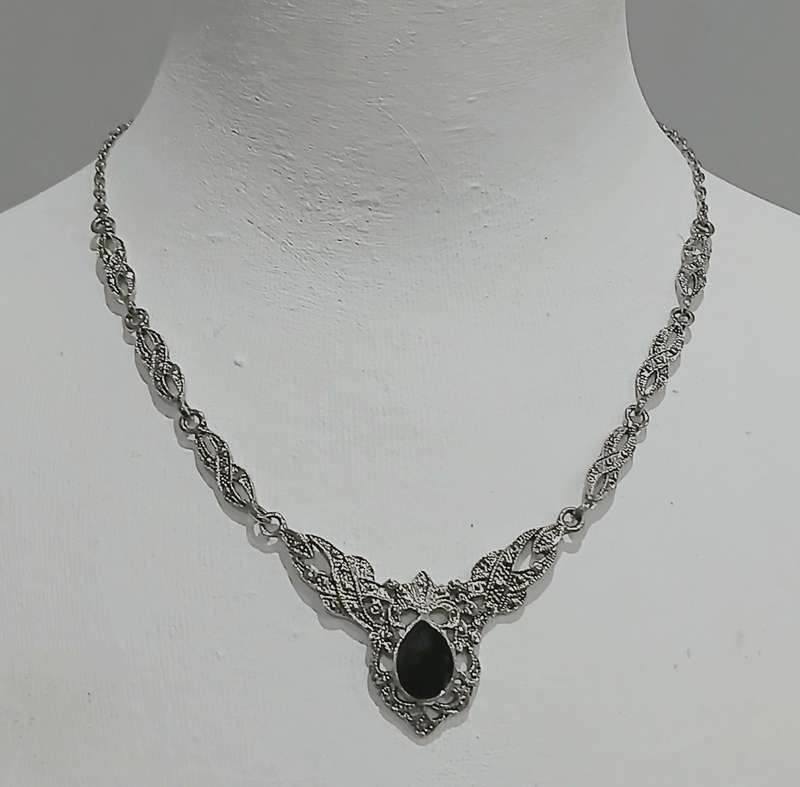 Belle Époque Style Necklace | Black Enamel & Ornate Silver-Tone Metalwork | Vintage Elegance