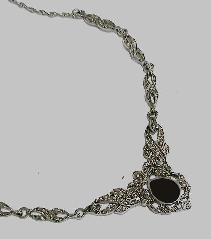 Belle Époque Style Necklace | Black Enamel & Ornate Silver-Tone Metalwork | Vintage Elegance