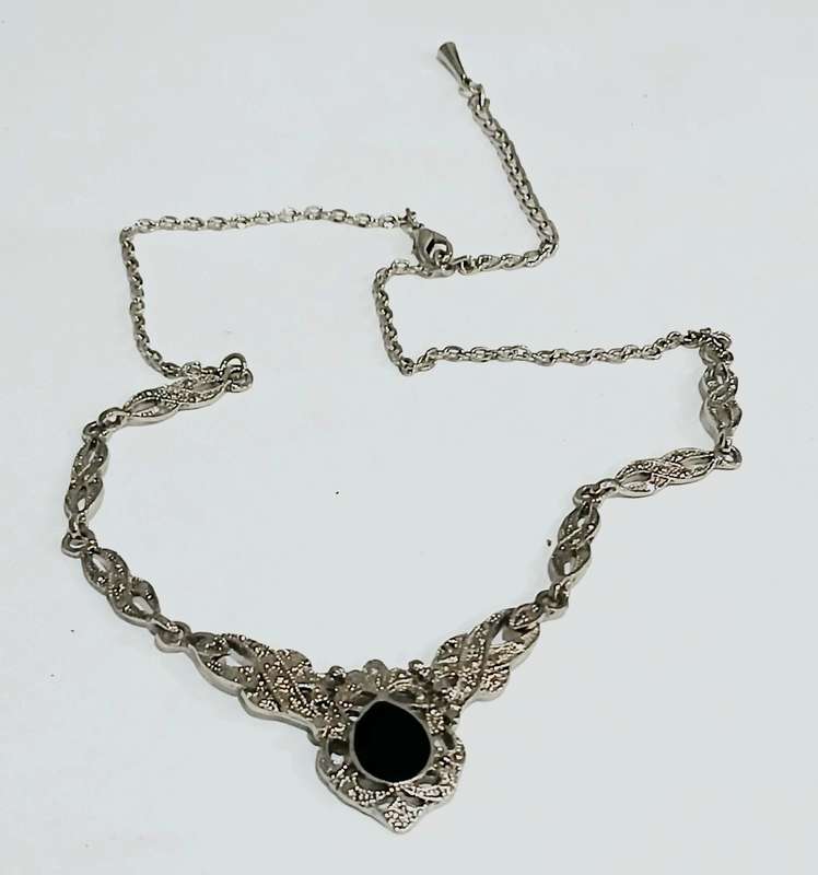 Belle Époque Style Necklace | Black Enamel & Ornate Silver-Tone Metalwork | Vintage Elegance