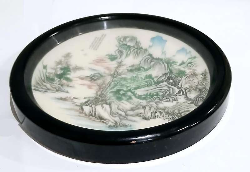 Vintage Framed Chinese Hand-Painted Porcelain Plaque with Poetic Inscription