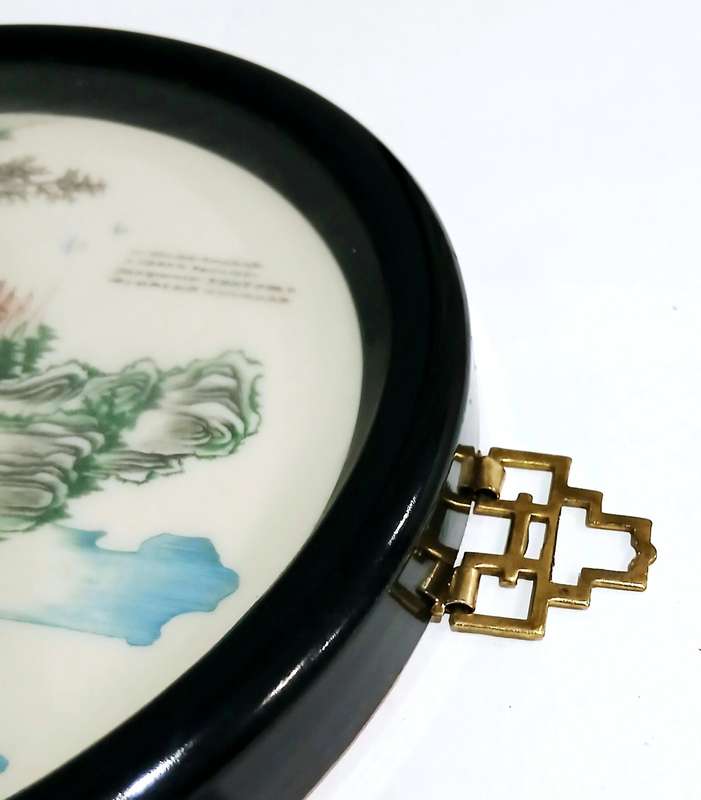 Vintage Framed Chinese Hand-Painted Porcelain Plaque with Poetic Inscription