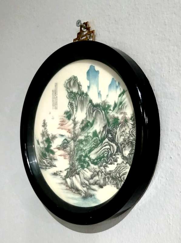 Vintage Framed Chinese Hand-Painted Porcelain Plaque with Poetic Inscription