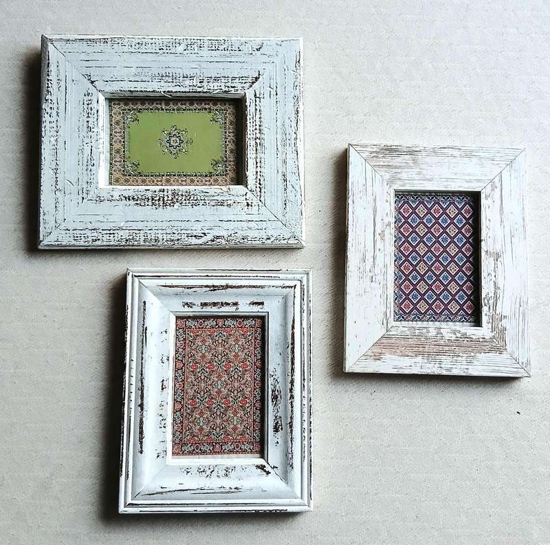 Vintage Set of three Miniature Carpet Design Samples in Distressed wooden Frames