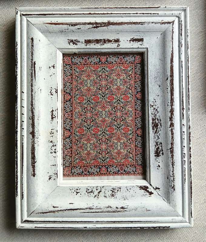 Vintage Set of three Miniature Carpet Design Samples in Distressed wooden Frames