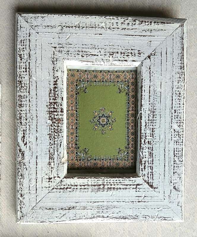 Vintage Set of three Miniature Carpet Design Samples in Distressed wooden Frames