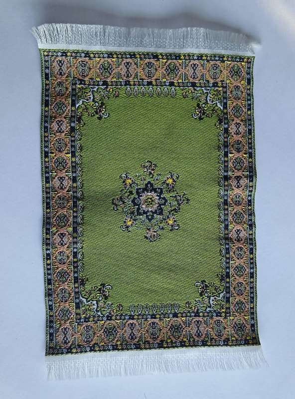 Doll's House Miniature Carpet - Vintage Woven Rug - Green Oriental Design
