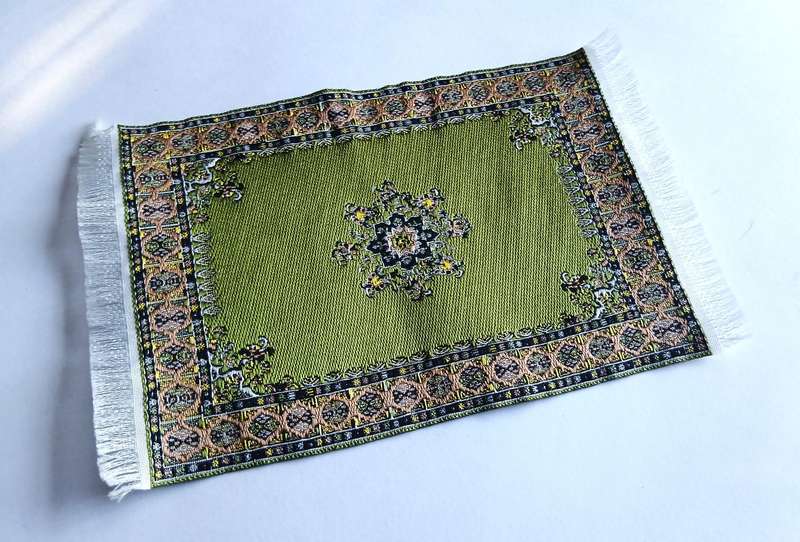 Doll's House Miniature Carpet - Vintage Woven Rug - Green Oriental Design