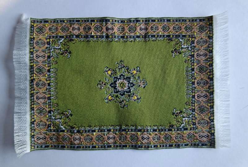 Doll's House Miniature Carpet - Vintage Woven Rug - Green Oriental Design