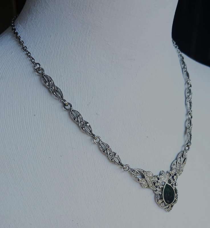Belle Époque Style Necklace | Black Enamel & Ornate Silver-Tone Metalwork | Vintage Elegance
