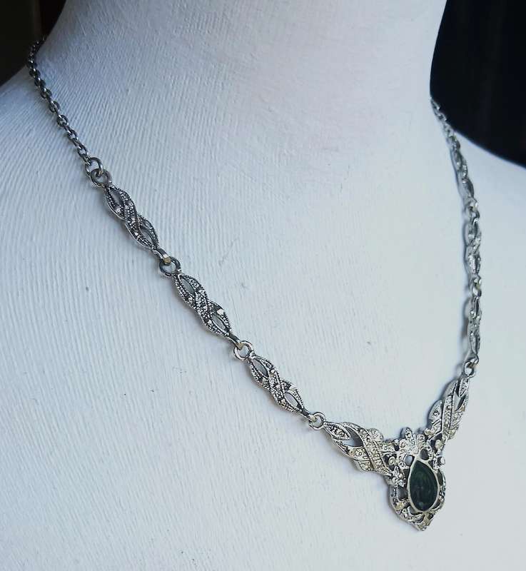 Exquisite Belle Époque Style Black Enamel & Ornate Silver-Tone Necklace