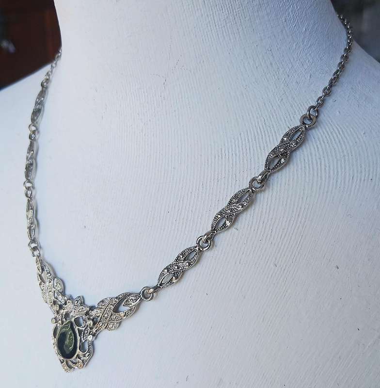 Exquisite Belle Époque Style Black Enamel & Ornate Silver-Tone Necklace