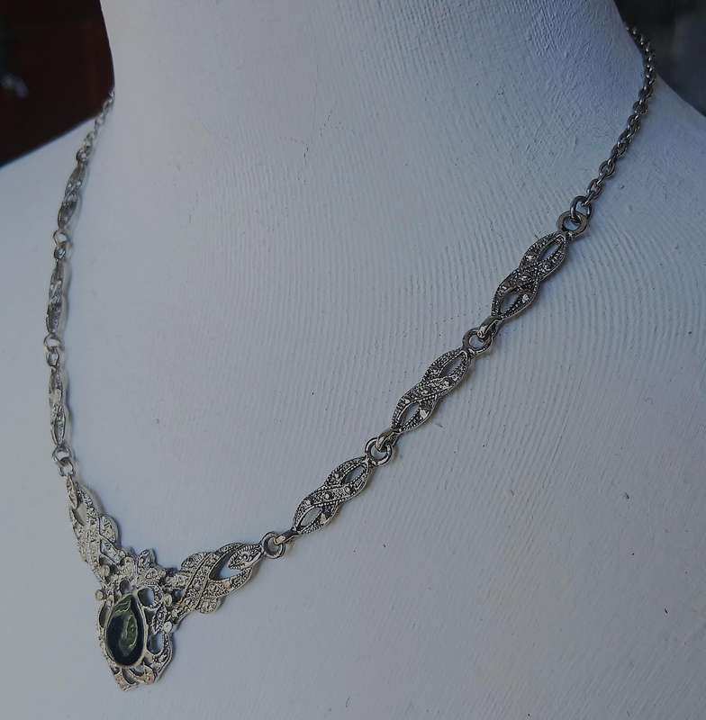 Belle Époque Style Necklace | Black Enamel & Ornate Silver-Tone Metalwork | Vintage Elegance