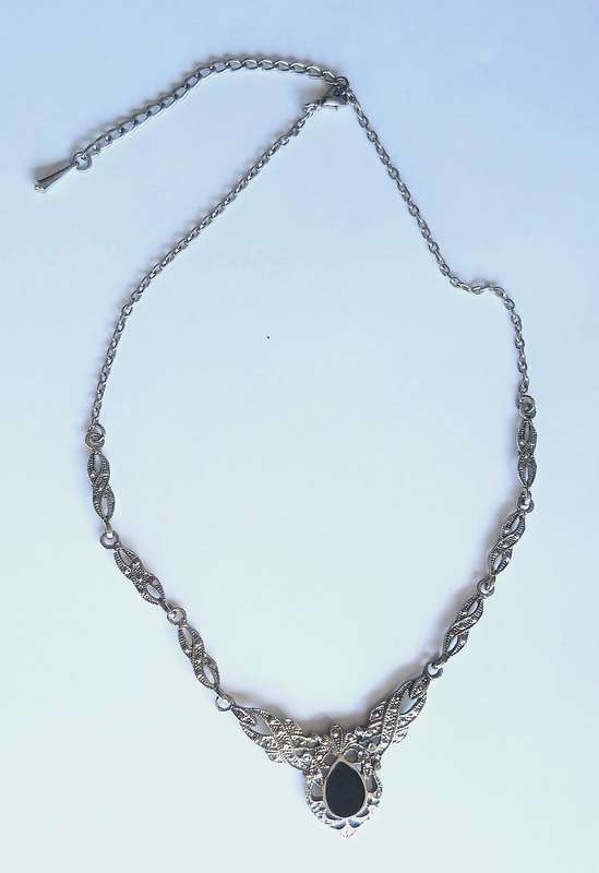 Exquisite Belle Époque Style Black Enamel & Ornate Silver-Tone Necklace