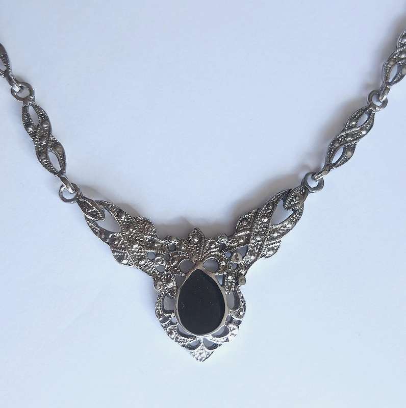 Exquisite Belle Époque Style Black Enamel & Ornate Silver-Tone Necklace