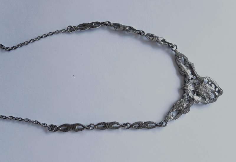Belle Époque Style Necklace | Black Enamel & Ornate Silver-Tone Metalwork | Vintage Elegance