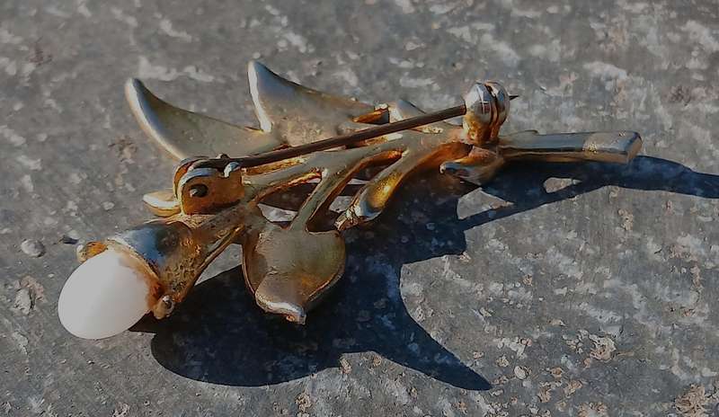 Vintage Mid-Century Gold Plated Lily Brooch Pin with Faux Marcasite & Milk Glass