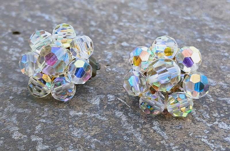 Exquisite Vintage Aurora Borealis Cluster Flower Clip-on Earrings - Made in Germany