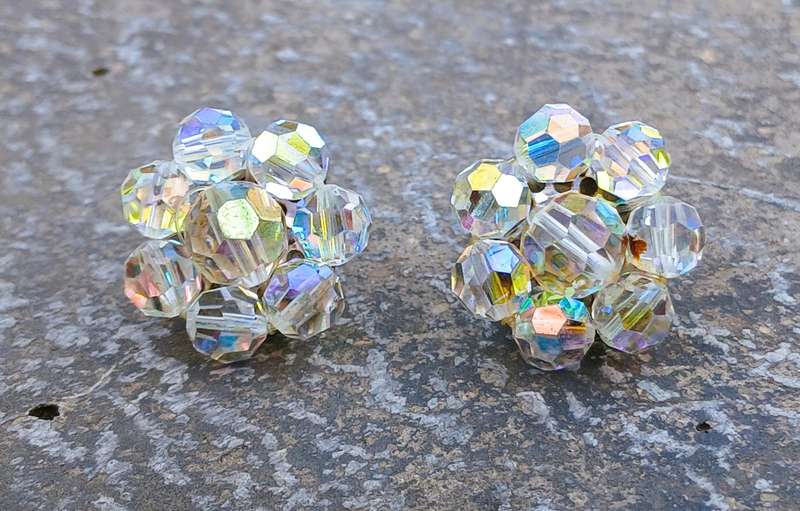 Exquisite Vintage Aurora Borealis Cluster Flower Clip-on Earrings - Made in Germany