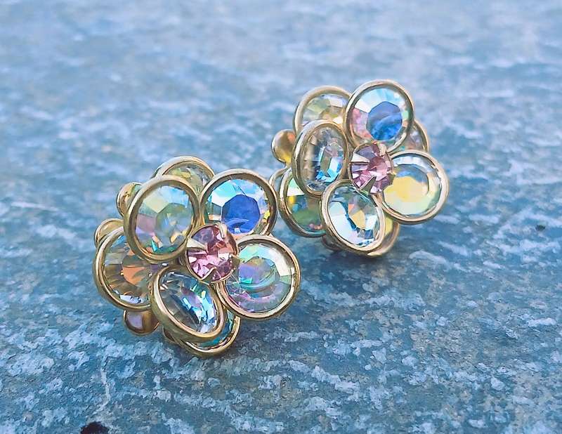 Vintage Gilded Aurora Borealis Crystal Cluster Stud Earrings - Bezel Set Design