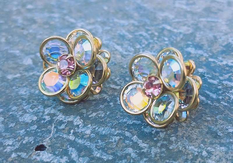 Vintage Gilded Aurora Borealis Crystal Cluster Stud Earrings - Bezel Set Design
