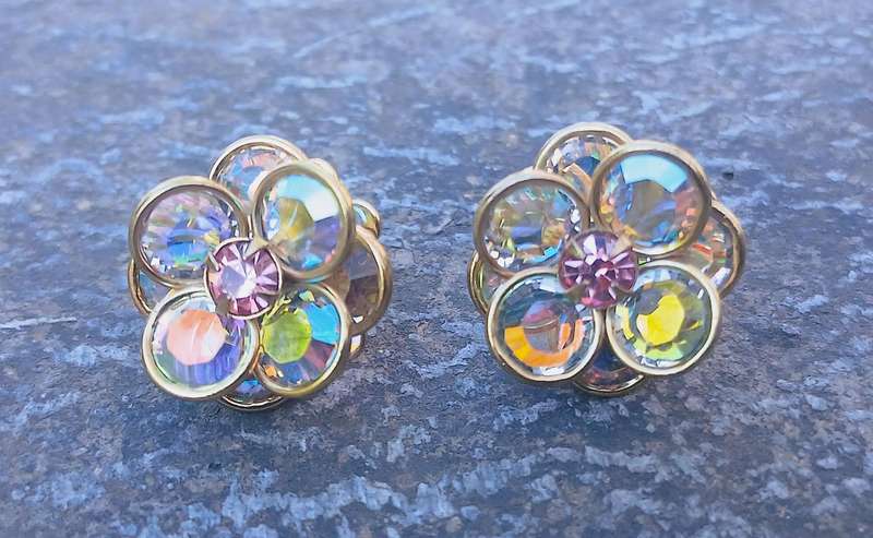 Vintage Gilded Aurora Borealis Crystal Cluster Stud Earrings - Bezel Set Design