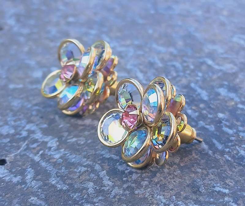 Vintage Gilded Aurora Borealis Crystal Cluster Stud Earrings - Bezel Set Design
