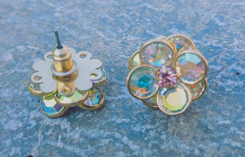 Vintage Gilded Aurora Borealis Crystal Cluster Stud Earrings - Bezel Set Design
