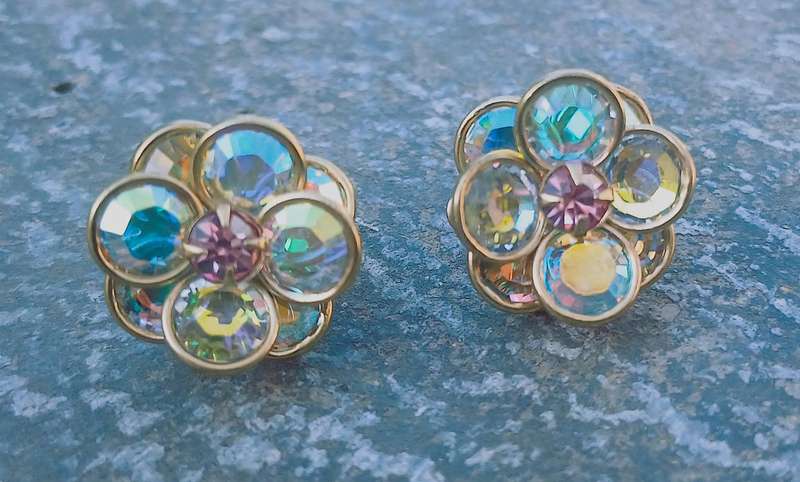 Vintage Gilded Aurora Borealis Crystal Cluster Stud Earrings - Bezel Set Design