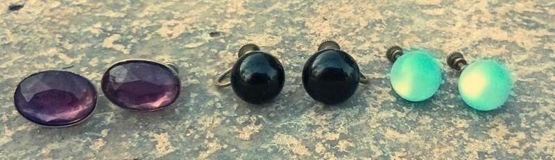 Job Lot of 3 Vintage Screw-Back Earrings | Amethyst, Onyx & Blue Glass Styles