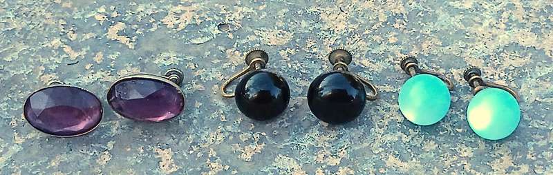 Job Lot of 3 Vintage Screw-Back Earrings | Amethyst, Onyx & Blue Glass Styles