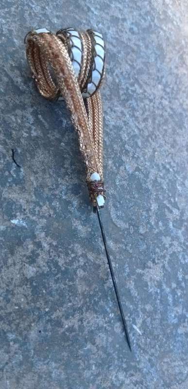 Exquisite Antique Golden Mesh & Hand-Stitched Mother-of-Pearl Hat Pin  A Rare Find